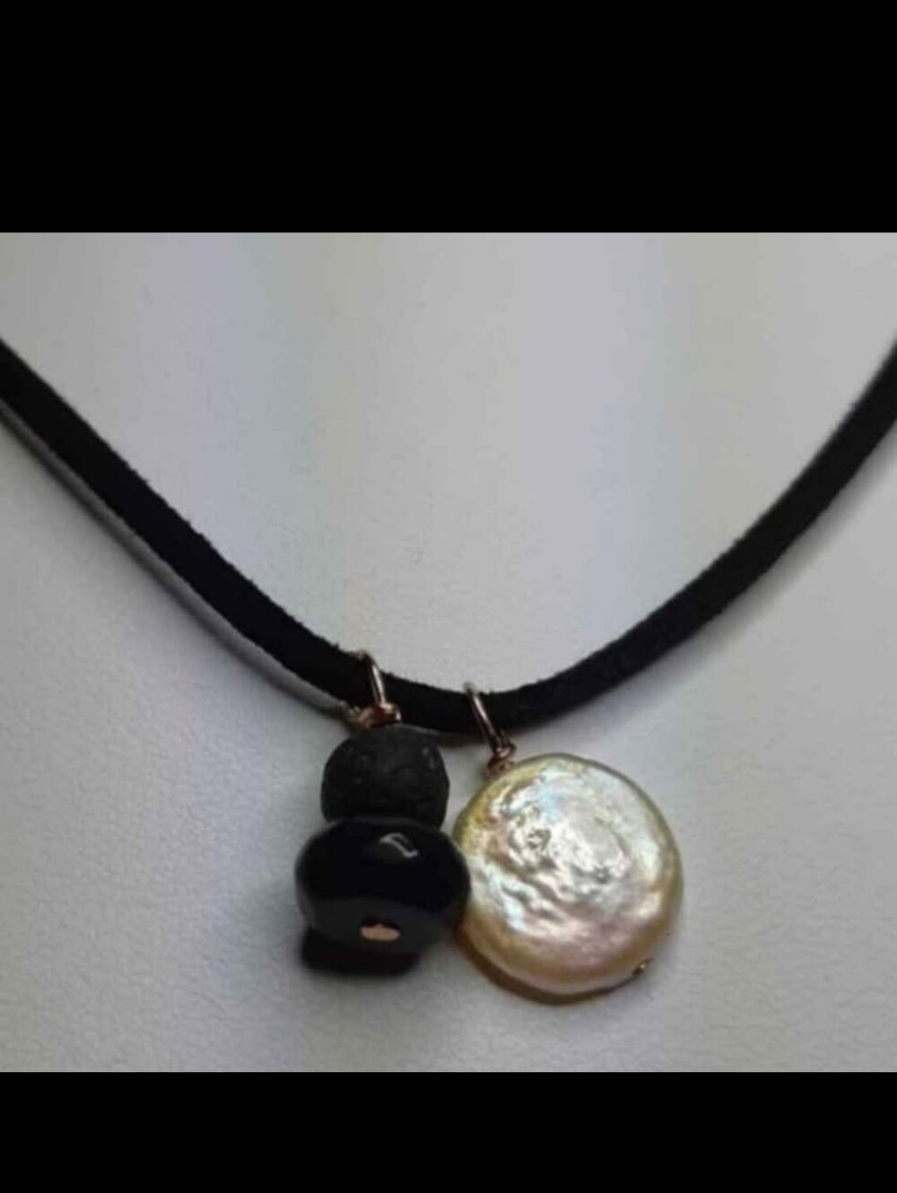Genuine Coin Pearl, Onyx and Lava Stone Necklace
